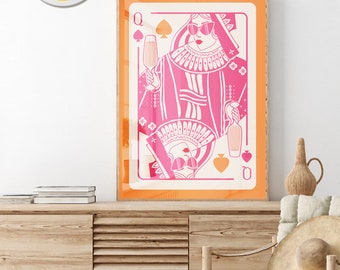 Queen of hearts playing card funky wall art, pink and orange preppy wall art y2k room decor, aesthetic maximalist wall art, preppy wall art