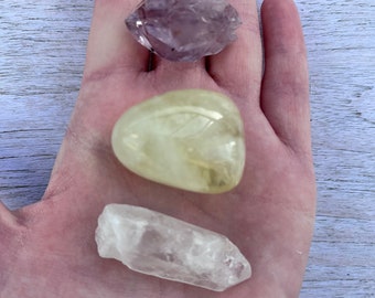 Beginner Crystal Kit – Amethyst, Citrine, Clear Quartz Set for Harmony and Positivity