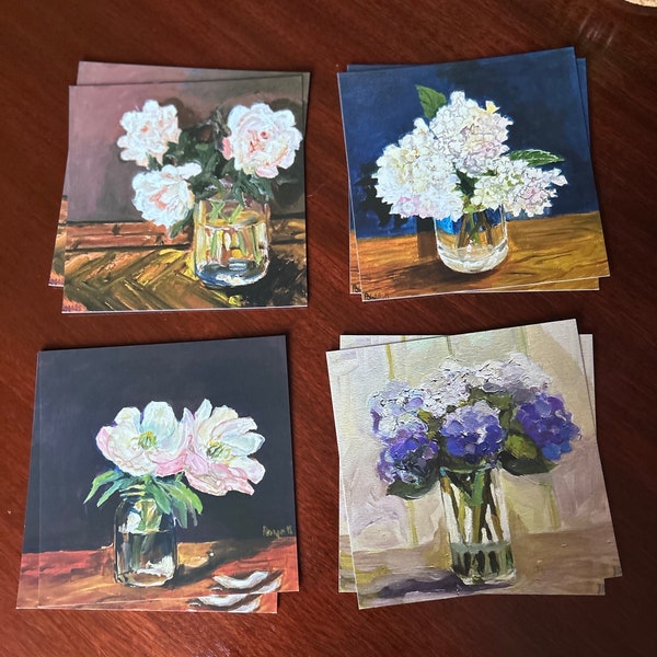 Ensemble de 8 notes florales vierges, hortensia, rose, pivoine, à partir de peintures acryliques à l'huile originales de Margaret Powell, artiste de Worcester