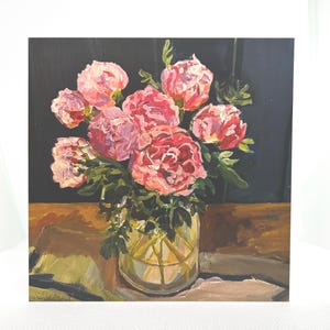 Cartão de felicitações de peônia rosa - Peônias de jardim - de uma pintura a óleo original de Margaret Powell Art - cartão em branco