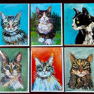 Paquete de 6 tarjetas de bellas artes en blanco con retratos de gatos, a partir de pinturas acrílicas originales de retratos de gatos de Margaret Powell, artista de Worcester: un gran regalo
