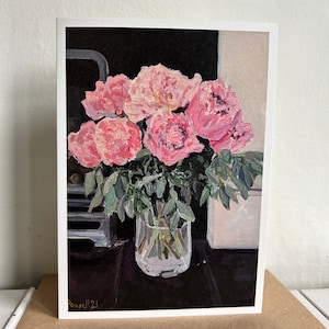Blanco wenskaart Blush Peonies on the Hearth, gebaseerd op het originele acrylkunstwerk van Margaret Powell, kunstenaar uit Worcester