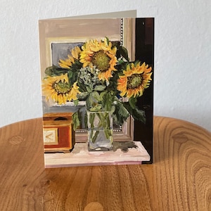 Blanko Grußkarte Sonnenblumen im Wohnzimmer nach einem original Acrylbild von Margaret Powell Art