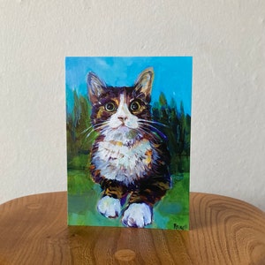 Linda tarjeta de felicitación de gato Bella la gatita a partir de una pintura acrílica original de retrato de gato de Margaret Powell Art