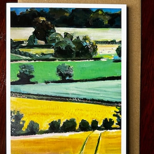 Cartão de felicitações em branco - Olhando para baixo nas colinas de Malvern - da pintura acrílica original de Margaret Powell Art