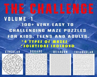 Maze book for kids and adults, The Challenge Volume 1, Digital Download Printable Mazes Pdf, Activity Maze Book, Printable Mazes.