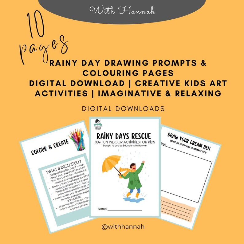 Rainy Day Drawing Prompts & Colouring Pages Digital Download Creative ...