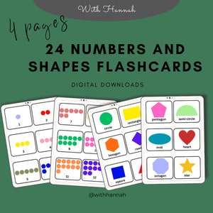 Puede incluir: Cuatro páginas de tarjetas de memoria imprimibles para enseñar números y formas a niños pequeños. Cada página presenta un número del 1 al 12, representado por un conjunto de puntos coloridos, y una forma correspondiente, como un círculo, un cuadrado o un corazón.