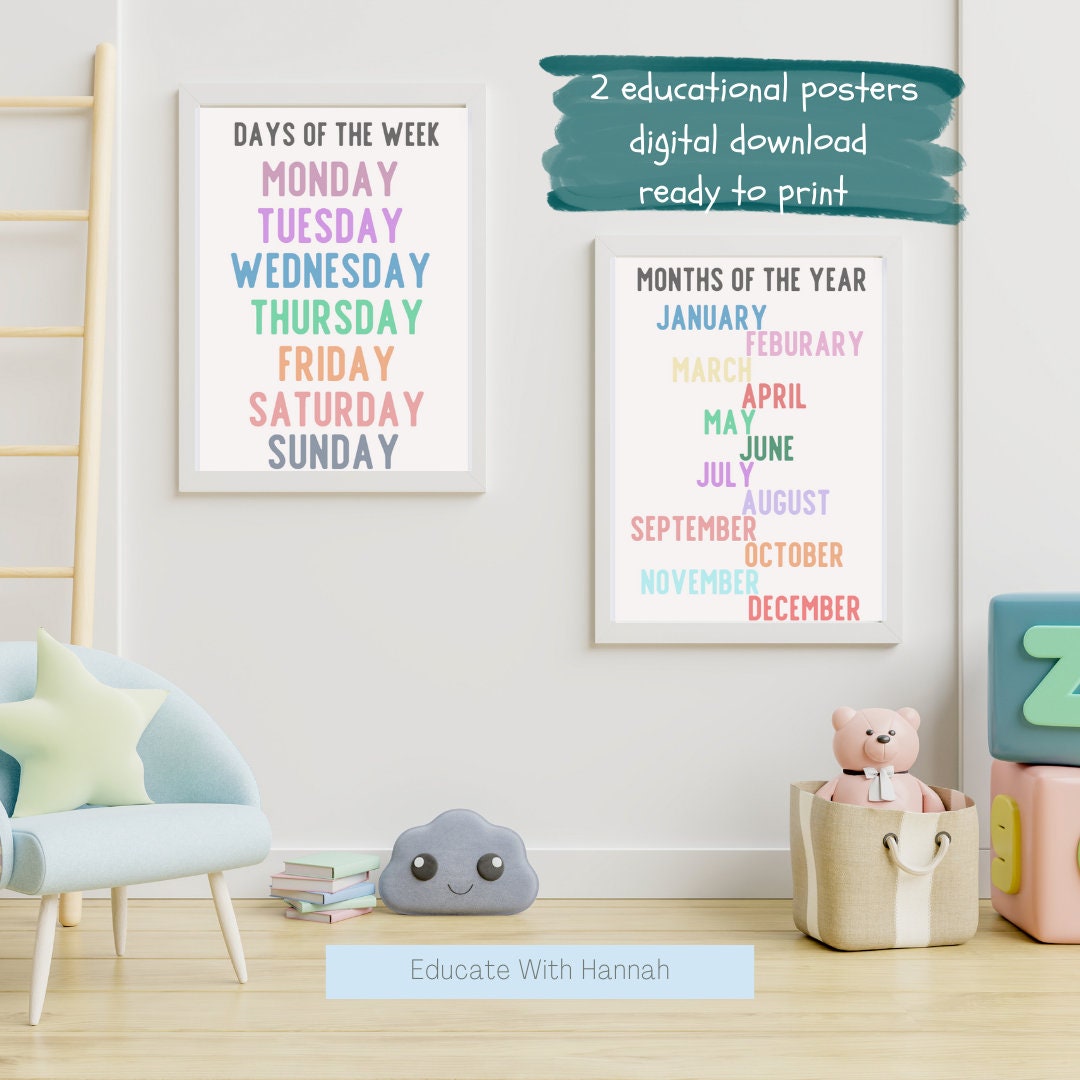 Days and Months Educational Posters Prints - for Nursery, Classroom ...