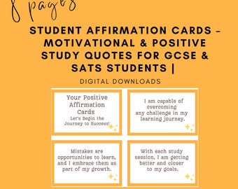 May include: An orange background with text that reads "STUDENT AFFIRMATION CARDS - MOTIVATIONAL & POSITIVE STUDY QUOTES FOR GCSE & SATS STUDENTS | DIGITAL DOWNLOADS." Four affirmation cards are displayed with positive messages. The text "8 pages" and "With Hannah" are also visible.