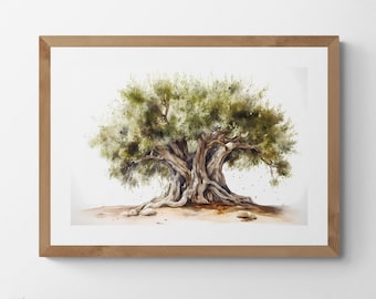 Watercolour Painting of a Lush Olive Tree, Printable Digital Art, Trees, Scenery, Landscape Art