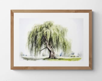 Willow Tree Watercolour Painting Printable Digital Art, Trees, Scenery, Landscape Art
