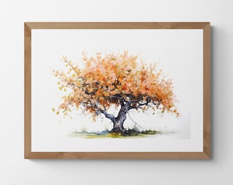 Watercolour Painting of Peach Tree, Printable Digital Art, Trees, Scenery, Landscape Art