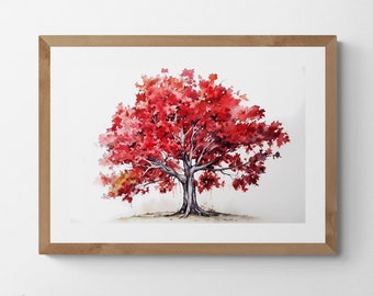 Watercolour Painting of a Red Maple Tree, Printable Digital Art, Trees, Scenery, Landscape Art