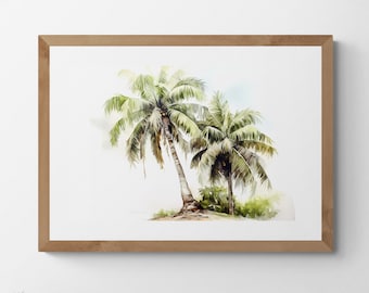 Coconut Tree Watercolour Printable Digital Art, a Taste of the Tropics, Trees, Scenery, Landscape Art