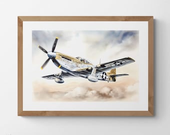 P-51 Mustang Art Print: Vintage Fighter Plane Landscape (Digital Download)
