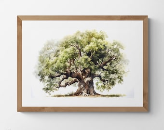 Watercolour Painting of an Enchanting Oak Tree, Printable Digital Art, Trees, Scenery, Landscape Art