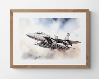 F-14 Tomcat Watercolor Print: Navy Fighter Plane Landscape Art (Digital Download)
