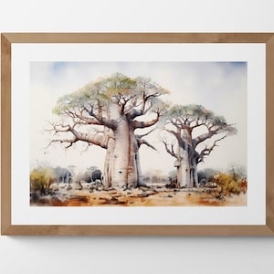 Baobab Tree Watercolour Printable Digital Art, a Stunning Piece of Nature, Trees, Scenery, Landscape Art
