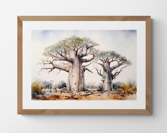Baobab Tree Watercolor Art Print: African Landscape (Digital Download)