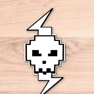 May include: A black and white pixelated skull with a lightning bolt on either side. The skull is outlined in black and has a white background.