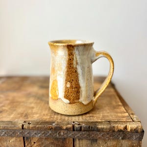 Handmade Pottery Drip Tapered Mug in White, Goldenrod and Light Brown