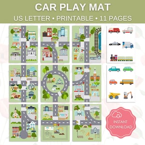Puede incluir: Alfombra de juego de coches imprimible con 11 páginas que representan una escena de calle de ciudad con edificios, carreteras e intersecciones. La alfombra incluye una variedad de vehículos, incluidos coches, camiones, autobuses y un tren. La alfombra está diseñada para que los niños la usen con coches de juguete y otros vehículos.
