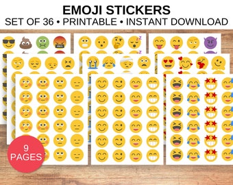 May include: A set of 9 printable pages of emoji stickers. Each page features 4 rows of 4 yellow emoji stickers with different facial expressions. The text "EMOJI STICKERS" is at the top of the image, and the text "SET OF 36 PRINTABLE INSTANT DOWNLOAD" is below it. The text "9 PAGES" is in a red circle at the bottom left of the image.