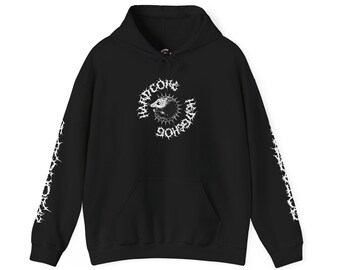 May include: Black hoodie with a front graphic that reads "HARDCORE PSYCHOHOG" in a white, spiky font. The sleeves have a white, spiky design. The hoodie has a drawstring hood and a front pocket.