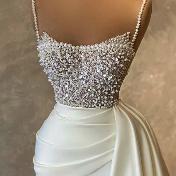 Chic Mermaid Straps White Sequin Sleeveless Long Wedding Dresses With Ruched Back main image 1