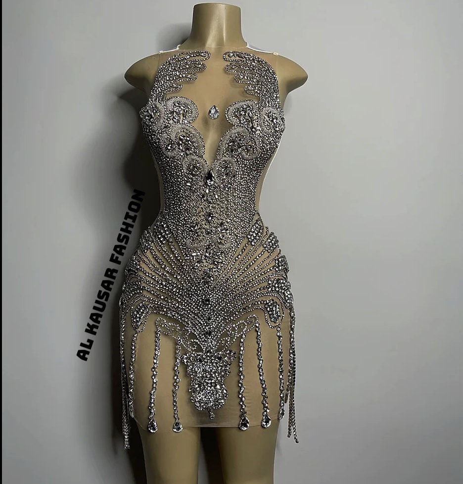 Silver Rhinestone A Front Illusion Mesh Dress With Appliques Sequined ...