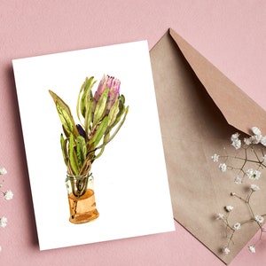 Cancelleria botanica, cartoncino piegato, illustrazione di fiori ad acquerello, biglietto di auguri d'amore, interno vuoto, stampa Protea
