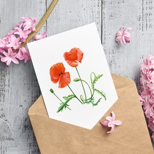 Tarjeta de felicitación de amapola, tarjeta de nota de flores silvestres, papelería botánica, postal de primavera, sobre kraft, flores