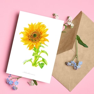 Tarjeta con ilustracion de girasol, dibujo acuarela