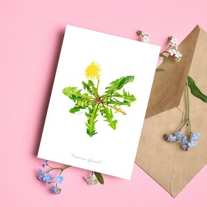 Tarjeta botánica de diente de león, invitación de flores silvestres, impresión de acuarela, papelería botánica, tarjeta doblada a6