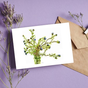 Carte de note florale, carte postale botanique aquarelle, illustration de la nature, carte pliée a6, intérieur vierge, bouton Bachelor