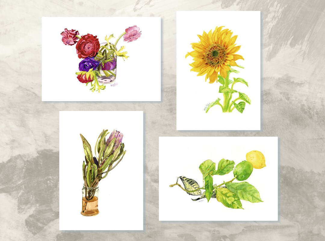 Pack of 4 Botanical Art Cards - Watercolor Postcard Set - Assorted ...