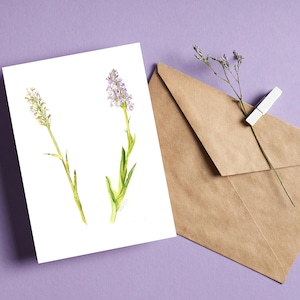 Tarjeta floral con ilustracion de orquidea, postal botanica acuarela