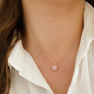 Heart 925 Sterling Silver Necklace with Pink Cubic Zirconia, Rose Gold Delicate Pendant, Women Dainty Crystal Jewelry, Valentine&#39;s Day Gift