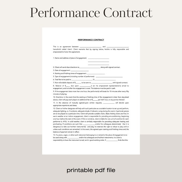 Musician Contract, Performance Contract, Classical Music, Band Music, Gig, Wedding, Event | pdf file, printable, digital file, instant