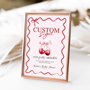 Cherry Baby Shower Customizable Sign Template, Editable Cherry On Top Baby Sign, Pink Coquette Bow Baby Shower Template, Diaper Raffle Sign