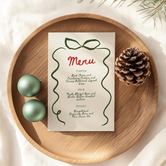 Wavy Christmas Menu Template, Whimsical Dinner Menu, Holiday Dinner Party Menu, Editable Friendsmas Menu Cards, Hand Drawn Menu Canva DIY