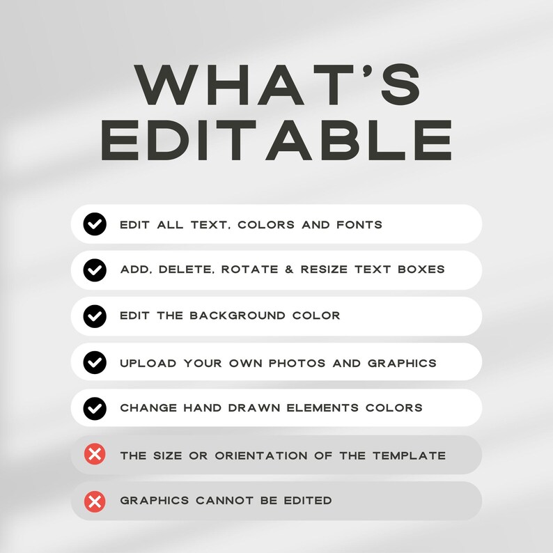 May include: A checklist of what is editable and what is not editable in a digital template.  Editable elements include text, colors, fonts, text boxes, background color, photos, graphics, and hand-drawn elements.  Non-editable elements include the size and orientation of the template and graphics.