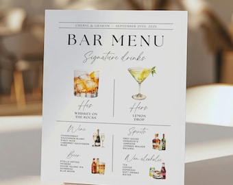 His and Hers Drinks Sign Template, Editable Open Bar Sign, Signature Drinks Sign, Signature Drink Menu, Specialty Cocktail Sign Canva DIY