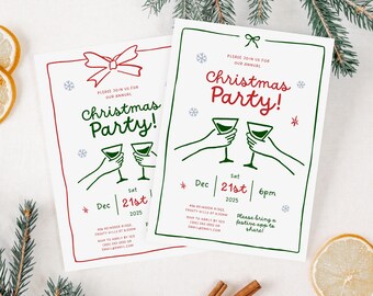 May include: Two Christmas party invitations with a red and green color scheme. The invitations feature a hand-drawn illustration of two hands holding up glasses of champagne. The text on the invitations reads "Please join us for our annual Christmas Party!" and includes the date and time of the party.