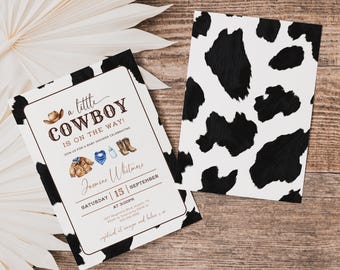 Cowboy Baby Shower Invitation, Editable Western Baby Shower, Rodeo Baby Shower, Cow Print Boy Baby Shower Digital Invite Template Canva DIY
