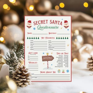 Secret Santa Questionnaire Printable, Secret Santa List, Editable Secret Santa Survey, Christmas Wish List, Favorite Things Questionnaire