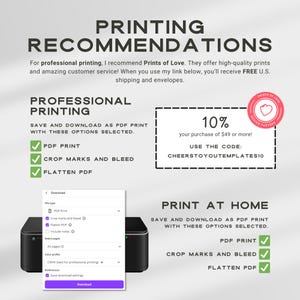 May include: A graphic with printing recommendations, including options for professional and at-home printing. The text highlights PDF print, crop marks, and flatten PDF settings. A discount code is also displayed.