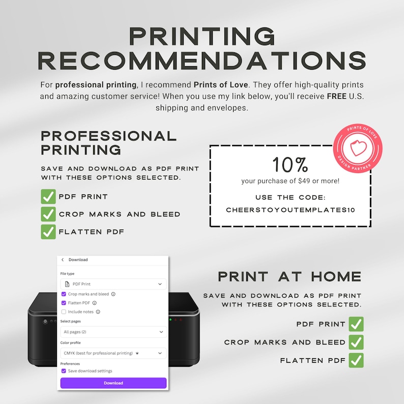 May include: A graphic with printing recommendations, including options for professional and at-home printing. The text highlights PDF print, crop marks, and flatten PDF settings. A discount code is also displayed.