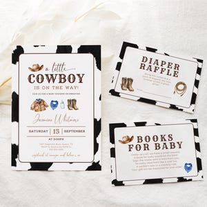Cowboy Baby Shower Bundle, Editable Western Baby Shower Invitation, Rodeo Baby Shower, Cow Print Boy Baby Shower Digital Template Canva DIY